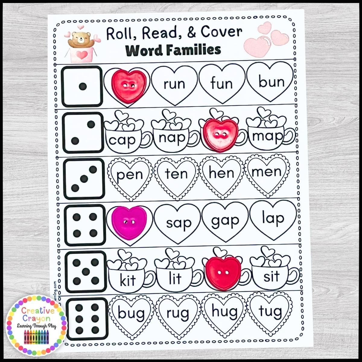 CVC word reading and covering game for Valentine’s Day kindergarten literacy center with dice and printable word mats. CVC word reading and covering game for Valentine’s Day kindergarten literacy center with dice and printable word mats.
