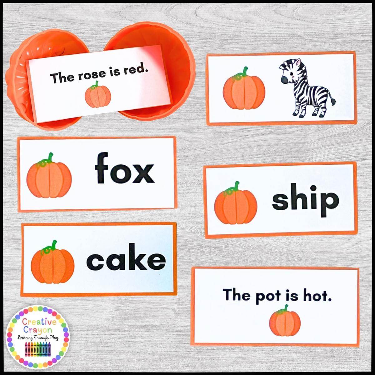 Pumpkin Pick & Match fall literacy center with CVC, CVCe, blends, digraphs, and sentence strips shown with plastic pumpkin for differentiated reading practice Pumpkin Pick & Match fall literacy center with CVC, CVCe, blends, digraphs, and sentence strips shown with plastic pumpkin for differentiated reading practice