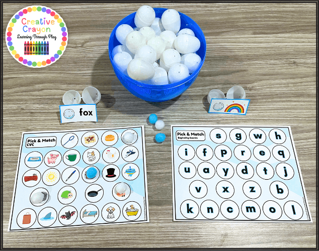Snowball Pick & Match literacy center setup with a basket of plastic snowballs and picture mats laid out for hands-on winter phonics practice in kindergarten and first grade Snowball Pick & Match literacy center setup with a basket of plastic snowballs and picture mats laid out for hands-on winter phonics practice in kindergarten and first grade