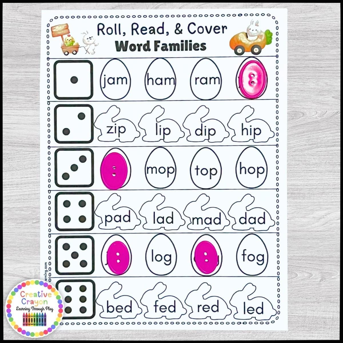 Kindergarten Easter CVC literacy activity with roll, read, and cover word mats for spring phonics fluency Kindergarten Easter CVC literacy activity with roll, read, and cover word mats for spring phonics fluency