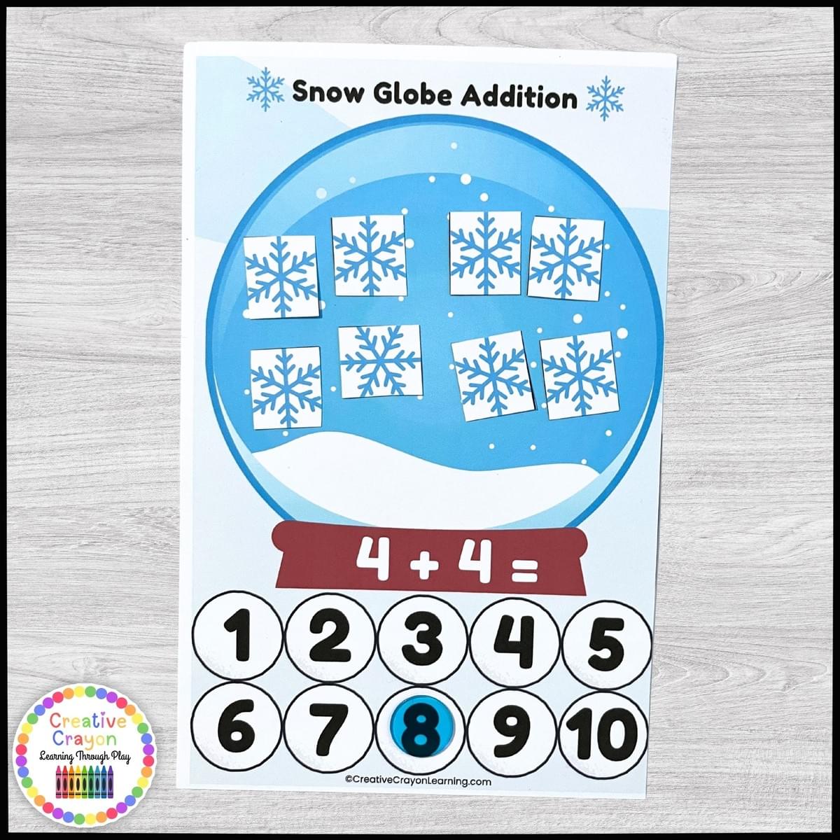 Kindergarten addition center with snow globe cards and snowflake counting manipulatives Kindergarten addition center with snow globe cards and snowflake counting manipulatives