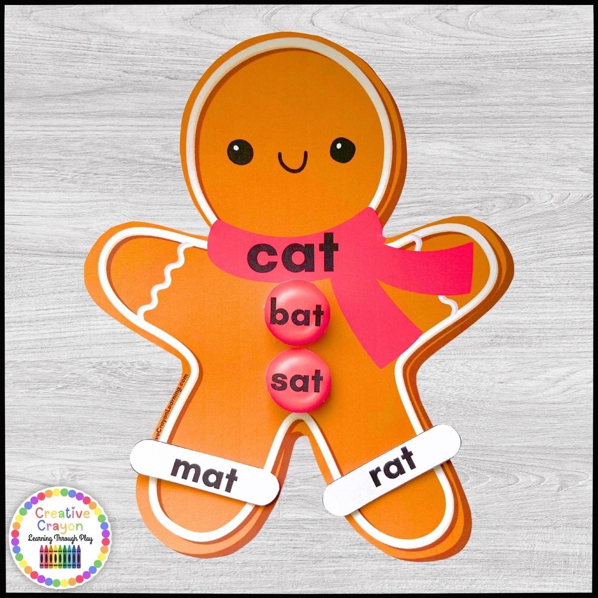 Hands-on gingerbread rhyme matching activity for kindergarten with CVC word cards. Hands-on gingerbread rhyme matching activity for kindergarten with CVC word cards.