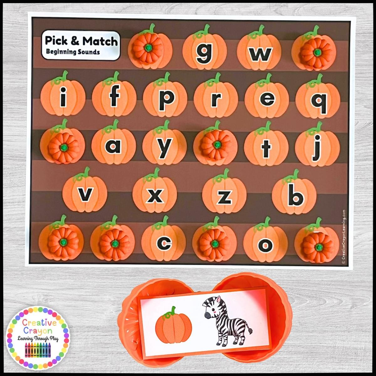 Pumpkin-themed beginning sound matching literacy activity for kindergarten with alphabet letter strips. Pumpkin-themed beginning sound matching literacy activity for kindergarten with alphabet letter strips.
