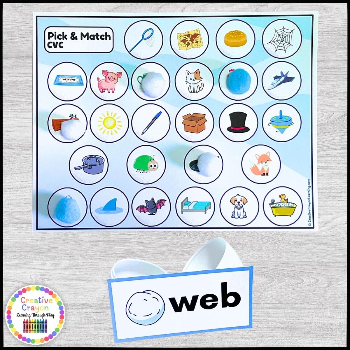 Winter-themed CVC word and picture match using plastic snowballs for early literacy fun. Winter-themed CVC word and picture match using plastic snowballs for early literacy fun.