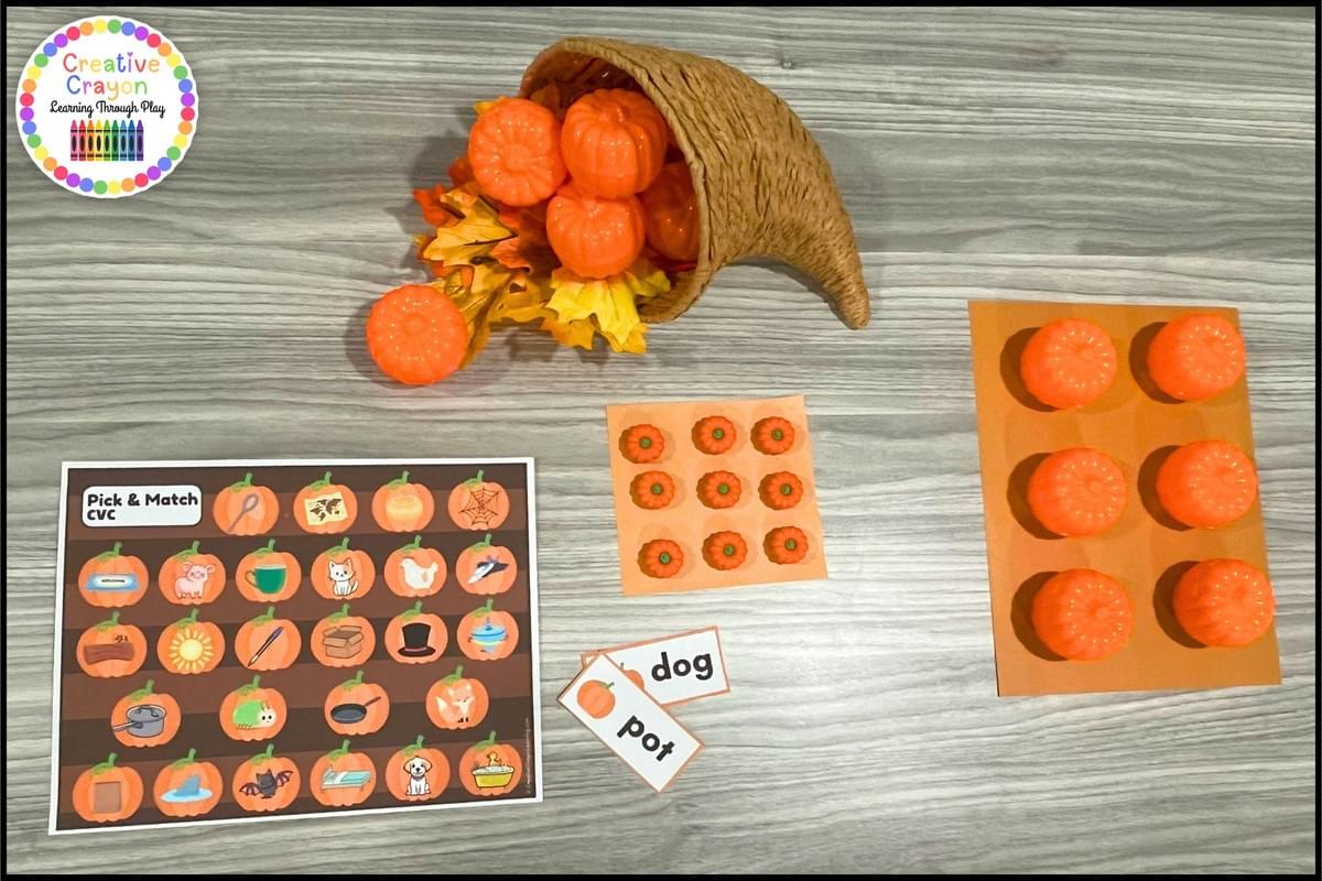 Pumpkin Pick & Match full literacy center setup for PreK, Kindergarten, and 1st grade with plastic pumpkins and phonics strips. Pumpkin Pick & Match full literacy center setup for PreK, Kindergarten, and 1st grade with plastic pumpkins and phonics strips.