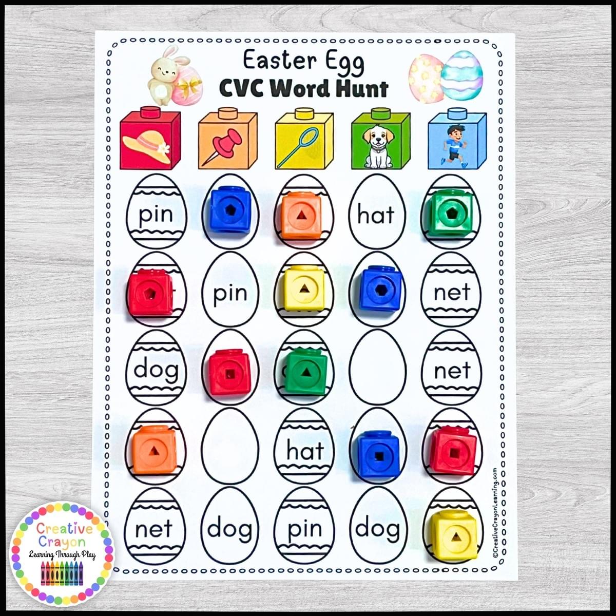 Kindergarten phonics activity with Easter egg CVC word grids and picture clues for hands-on spring decoding practice Kindergarten phonics activity with Easter egg CVC word grids and picture clues for hands-on spring decoding practice