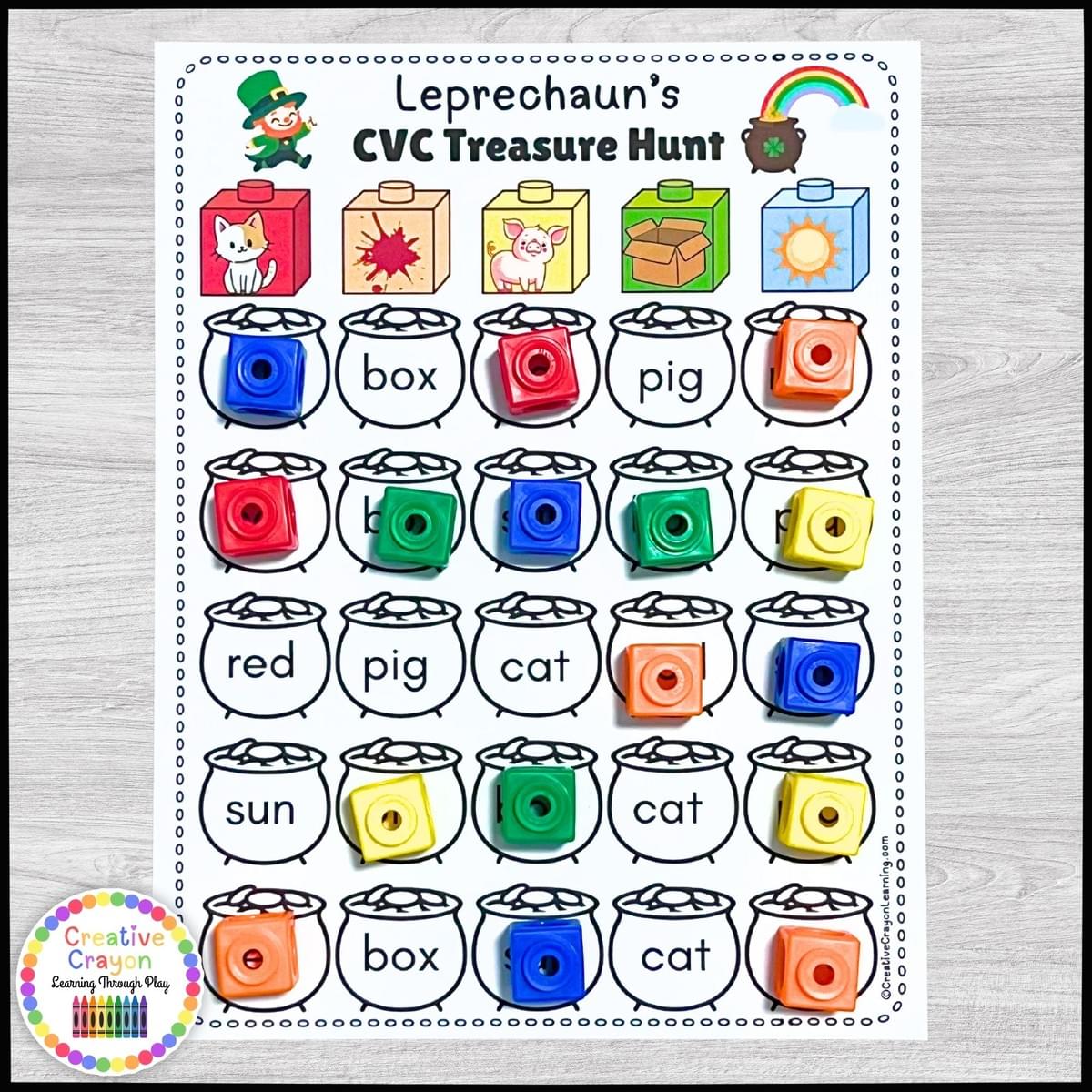 Hands-on kindergarten CVC word treasure hunt with leprechaun pots and picture clues for phonics decoding. Hands-on kindergarten CVC word treasure hunt with leprechaun pots and picture clues for phonics decoding.