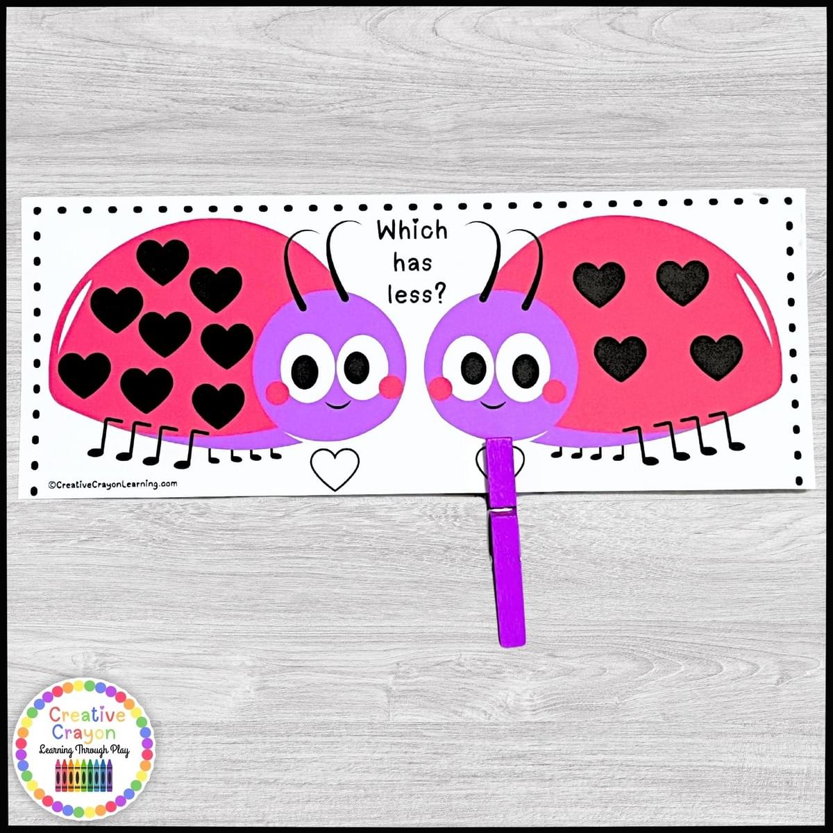 Kindergarten Valentine math center comparing numbers with love bug clip cards for more or less practice. Kindergarten Valentine math center comparing numbers with love bug clip cards for more or less practice.