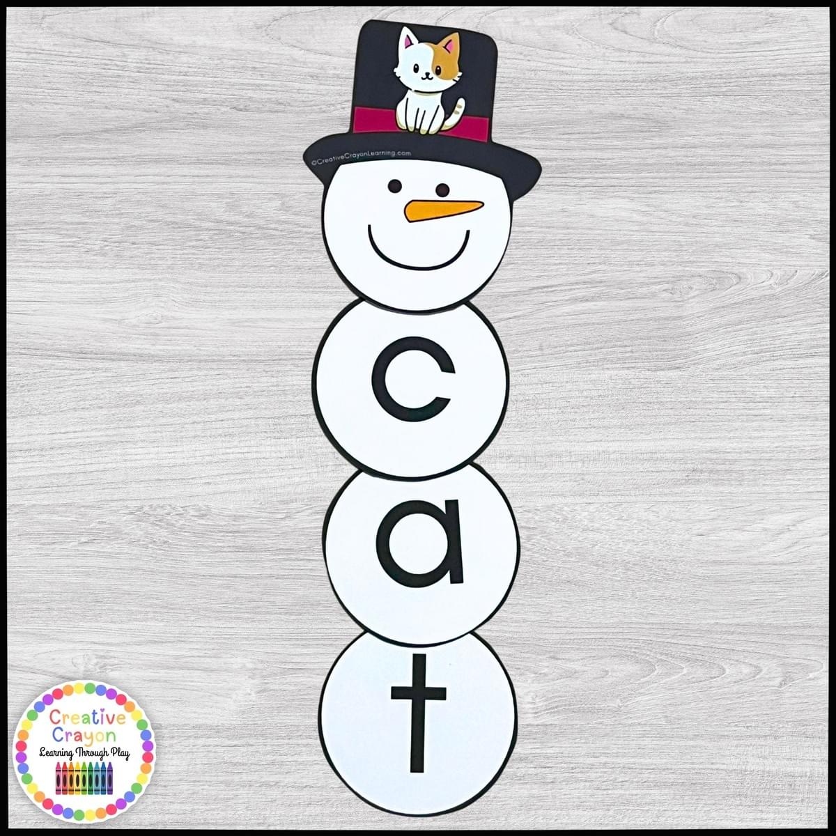 Hands-on spelling activity for kindergarten where kids build snowmen with CVC word pieces Hands-on spelling activity for kindergarten where kids build snowmen with CVC word pieces