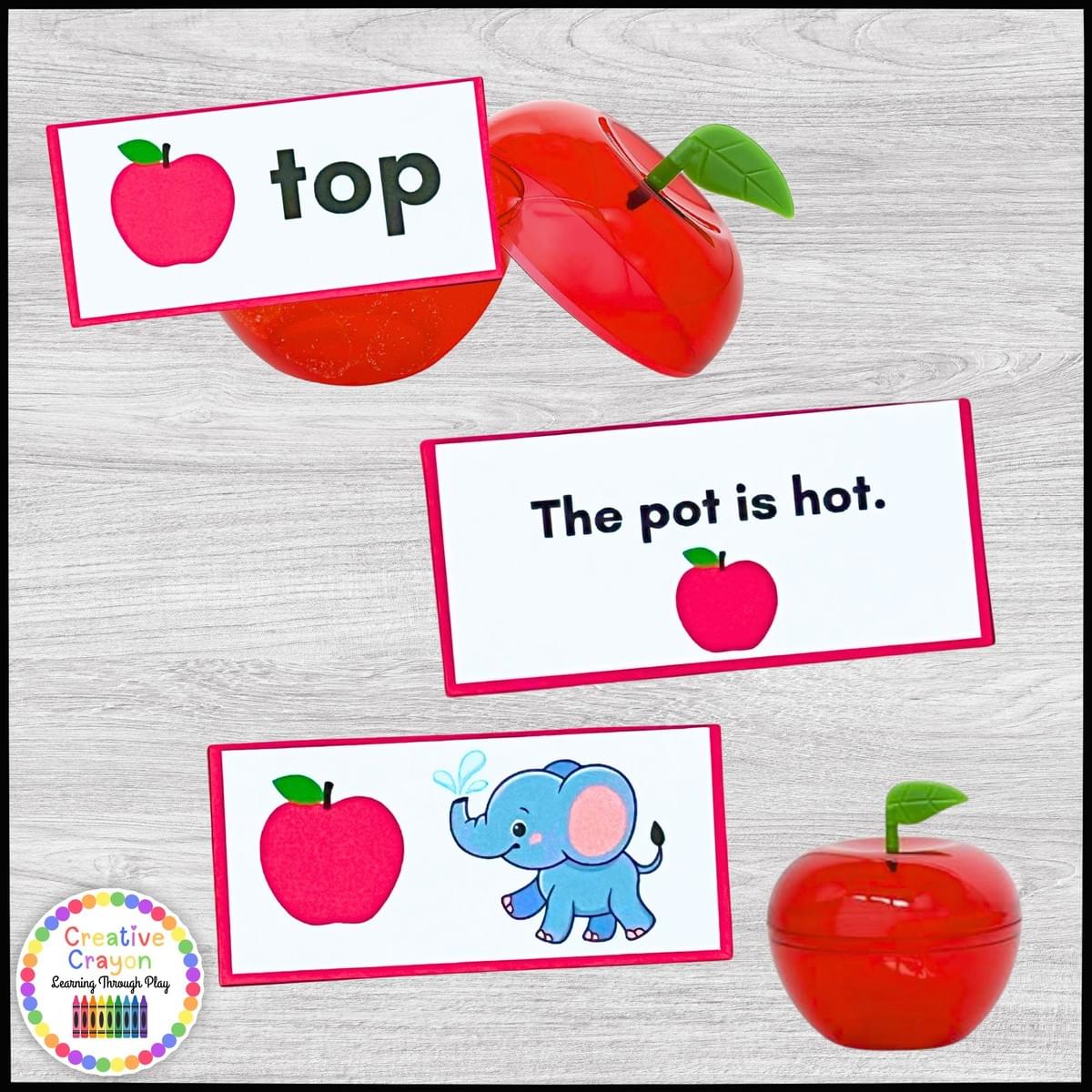 Hands-on CVC word and sentence building activity strips with plastic apples and matching word strips for kindergarten and Prek. Hands-on CVC word and sentence building activity strips with plastic apples and matching word strips for kindergarten and Prek.