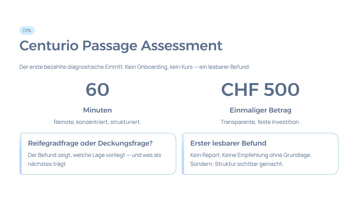 Centurio Passage Assessment – erster bezahlter diagnostischer Einstieg, 60 Minuten remote, CHF 500. Centurio Passage Assessment – erster bezahlter diagnostischer Einstieg, 60 Minuten remote, CHF 500.