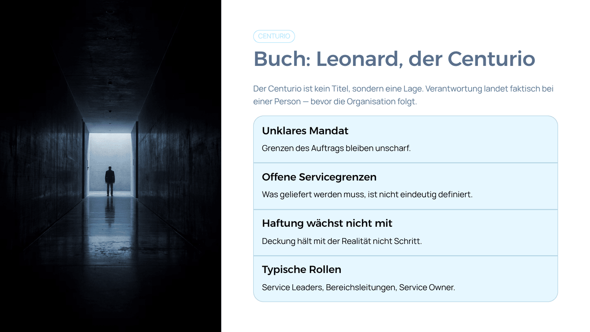 Leonard, der Centurio – exponierter Verantwortungsträger, bei dem Verantwortung faktisch landet, bevor die Struktur trägt. Als Buch erhältlich. Leonard, der Centurio – exponierter Verantwortungsträger, bei dem Verantwortung faktisch landet, bevor die Struktur trägt. Als Buch erhältlich.