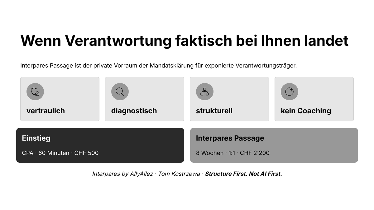 Interpares Passage – privater Vorraum der Mandatsklärung für exponierte Verantwortungsträger mit CPA als erstem bezahltem Einstieg. Interpares Passage – privater Vorraum der Mandatsklärung für exponierte Verantwortungsträger mit CPA als erstem bezahltem Einstieg.