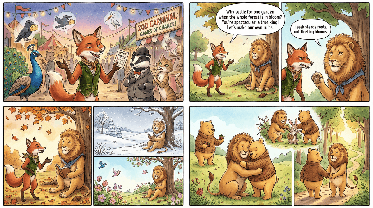 A four-panel watercolor comic strip titled "Fables of the Heart." Panel one: a charming Fox at a zoo carnival approaches a Lion amid festive lights and bunting. Panel two: the Fox flatters the Lion in a sunlit forest, who calmly replies "I seek steady roots, not fleeting blooms." Panel three: the Lion sits alone under his tree through the changing seasons — autumn leaves, winter snow, and spring blossoms — reading and waiting. Panel four: the Lion and a warm, steady Bear embrace in a golden forest, joyfully helping a small rabbit together before walking side by side into the path ahead. A four-panel watercolor comic strip titled "Fables of the Heart." Panel one: a charming Fox at a zoo carnival approaches a Lion amid festive lights and bunting. Panel two: the Fox flatters the Lion in a sunlit forest, who calmly replies "I seek steady roots, not fleeting blooms." Panel three: the Lion sits alone under his tree through the changing seasons — autumn leaves, winter snow, and spring blossoms — reading and waiting. Panel four: the Lion and a warm, steady Bear embrace in a golden forest, joyfully helping a small rabbit together before walking side by side into the path ahead.