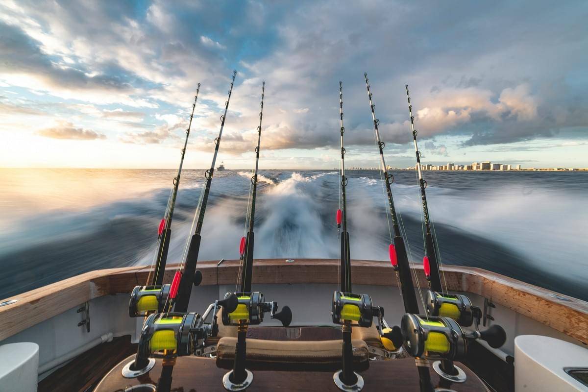 Fishing rods on a boat at sea Fishing rods on a boat at sea