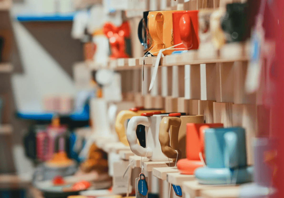 Colorful mugs and cups displayed on shelves Colorful mugs and cups displayed on shelves