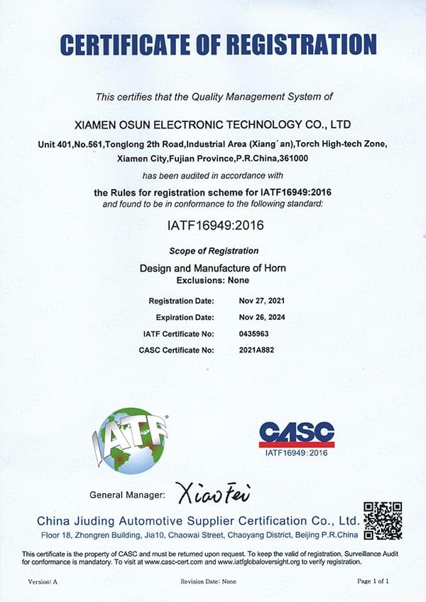 We leverage cutting-edge European technologies to continuously innovate and improve our automotive components. Advanced R&D Capabilities Our Expertise Xiamen Osun Electronic Technology Co., Ltd., founded in 2007, is a manufacturer dedicated to the R&D, production and sales of automotive components such as car horns and interference-free wipers. We adopt advanced European technologies and standards, have strong R&D capabilities and a professional service team, and hold IATF16949 and E-mark certifications to meet customer needs. For more than a decade Osun has focused on one thing: perfecting horns and wipers.