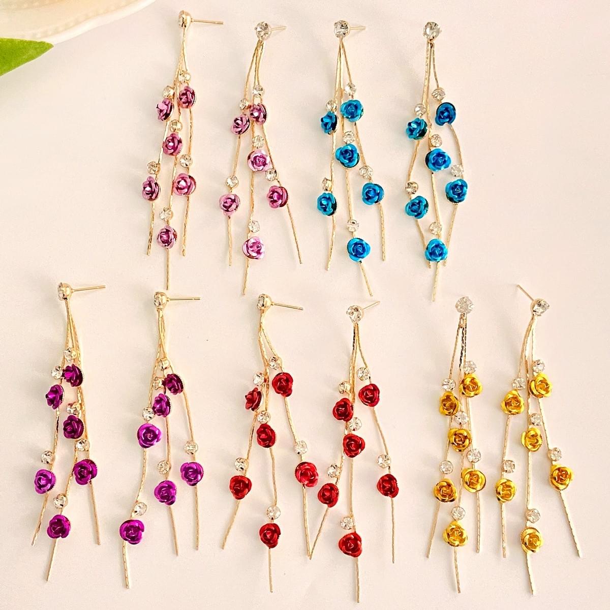 Rose & Rhinestone Tassel Earrings - French Romantic Collection (1 Pair)