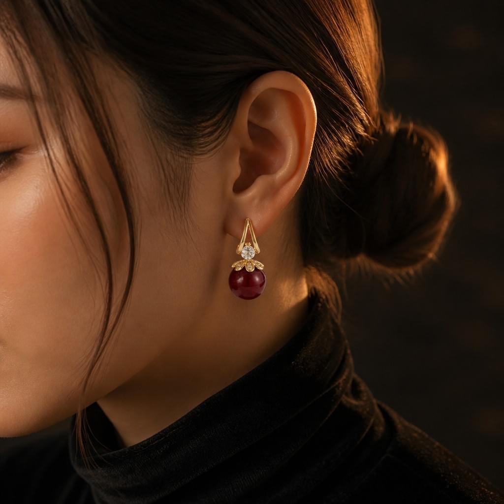 Wine Pearl Huggie Earrings — Night Shift Collection