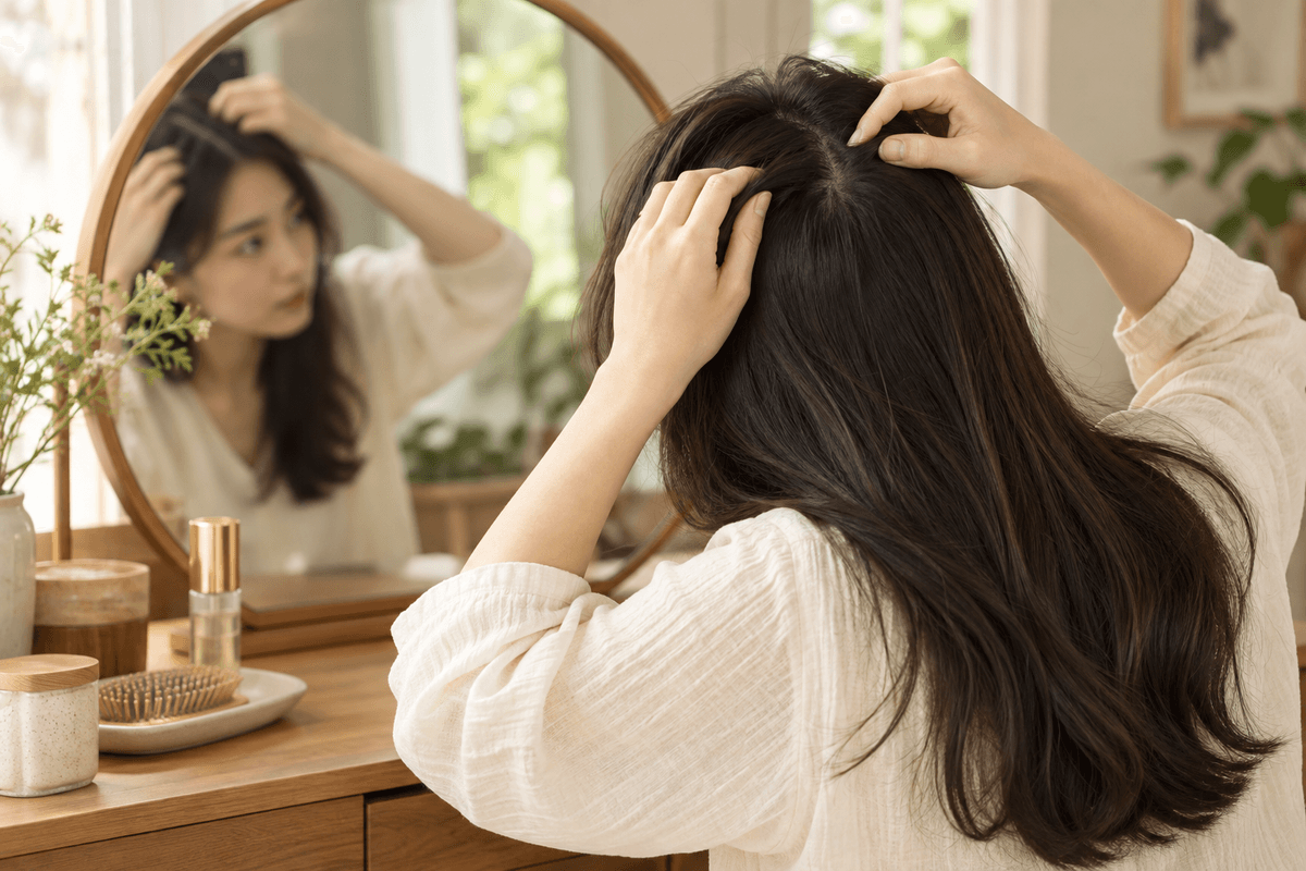 女性在鏡前觀察頭皮;AI 生成情境示意,非真實顧客或醫療檢測影像。 女性在鏡前觀察頭皮;AI 生成情境示意,非真實顧客或醫療檢測影像。