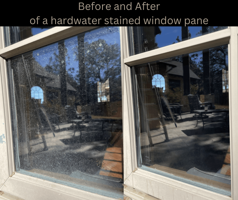 Before and After of Dirty Hard Water stained window being cleaned in Lindale Before and After of Dirty Hard Water stained window being cleaned in Lindale
