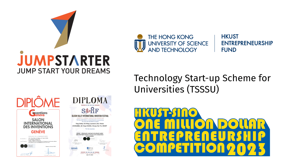 Collage of logos and diplomas showcasing Allegrow Biotech's achievements. Clockwise from top-left: Jumpstarter Winner 2023, Seed invesment from HKUST Entrepreneurship Fund, Technology Start-up Scheme for Universities (TSSSU), HKUST-Sino 1 Million Dollar Entrepreneurship Competition 2023 winner, Silicon Valley International Invention Festival Medal, 48th Geneva International Exhibition of Invention Gold Medal Collage of logos and diplomas showcasing Allegrow Biotech's achievements. Clockwise from top-left: Jumpstarter Winner 2023, Seed invesment from HKUST Entrepreneurship Fund, Technology Start-up Scheme for Universities (TSSSU), HKUST-Sino 1 Million Dollar Entrepreneurship Competition 2023 winner, Silicon Valley International Invention Festival Medal, 48th Geneva International Exhibition of Invention Gold Medal