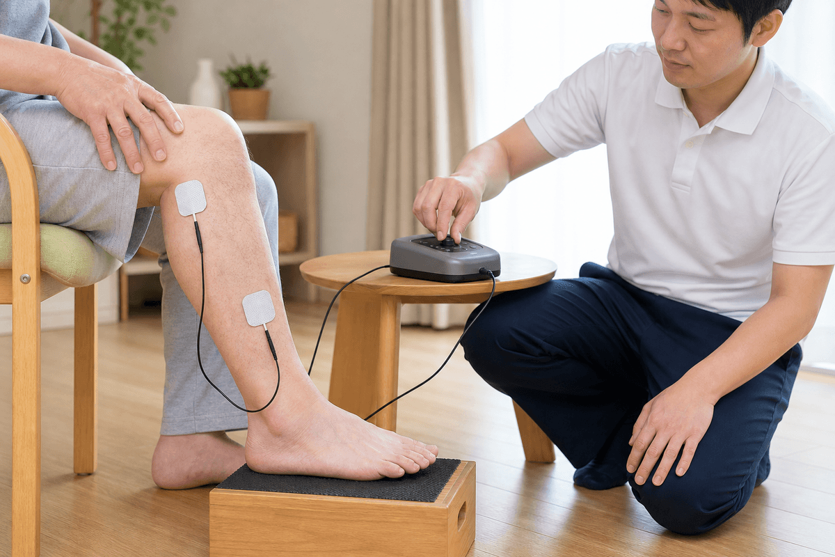 電気刺激療法を自宅自費訪問リハビリで行っている画像 電気刺激療法を自宅自費訪問リハビリで行っている画像