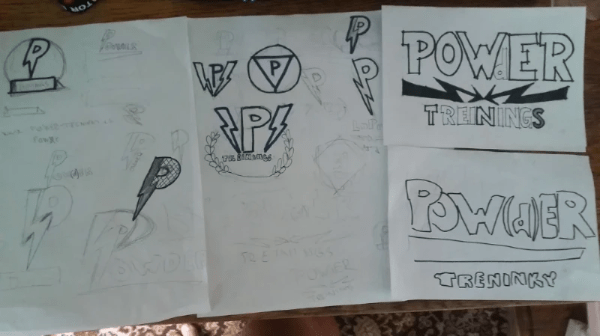Prvnotní nástřel loga Power tréninků, ze slova Powder neboli Prášek Prvnotní nástřel loga Power tréninků, ze slova Powder neboli Prášek