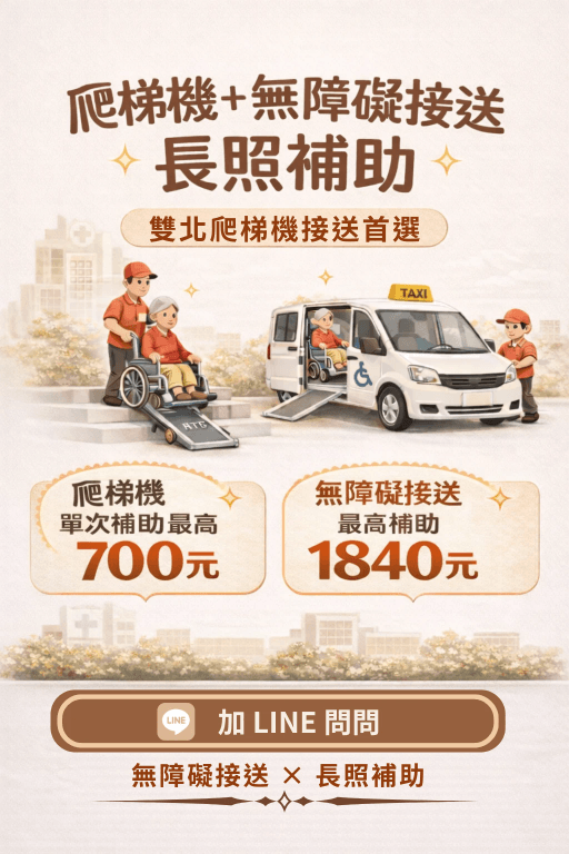 長照家屬與服務人員討論無障礙接送費用,評估是否可搭配政府補助,爬梯機單次最高補助700元,長照交通接送每月最高補助1840元 長照家屬與服務人員討論無障礙接送費用,評估是否可搭配政府補助,爬梯機單次最高補助700元,長照交通接送每月最高補助1840元
