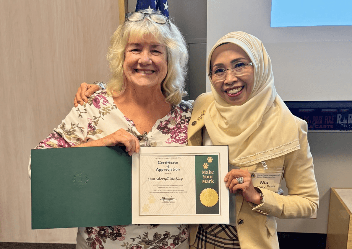 Dallas Founder Lions Club President and Service Chair proudly display a leadership award, recognizing their impact in local service and Lions International initiatives in Dallas.  Dallas Founder Lions Club President and Service Chair proudly display a leadership award, recognizing their impact in local service and Lions International initiatives in Dallas.