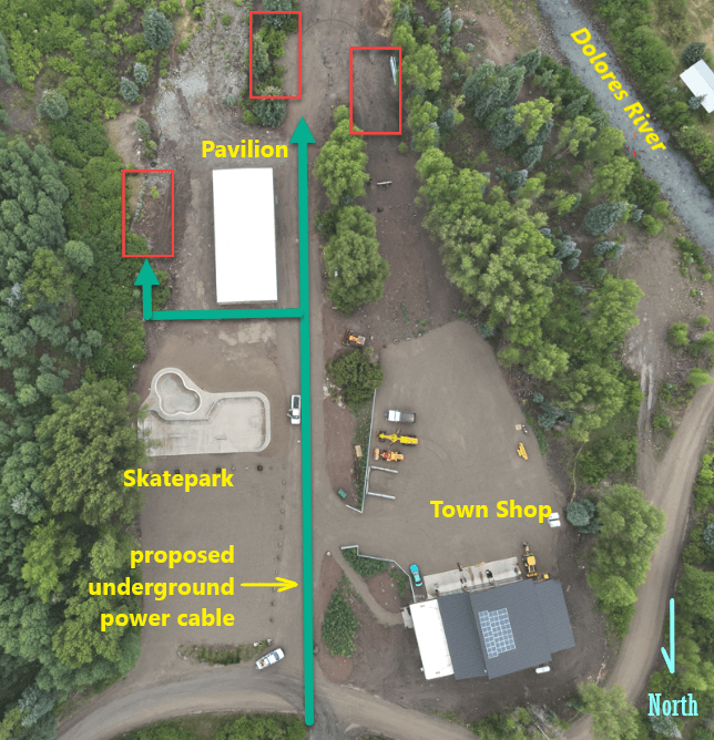 Aerial photo of Rico CO Town Shop, skatepark and pavilion Aerial photo of Rico CO Town Shop, skatepark and pavilion