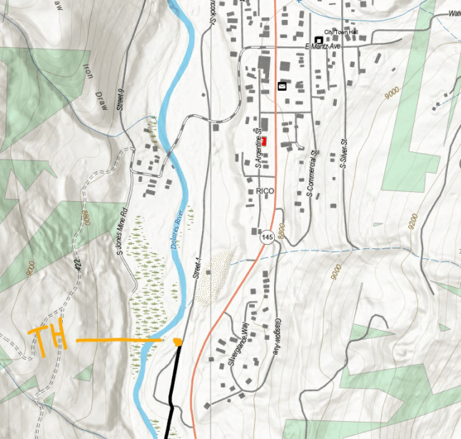 Map of proposed Rio Grande Southern trailhead sign location near Rico CO. Map of proposed Rio Grande Southern trailhead sign location near Rico CO.