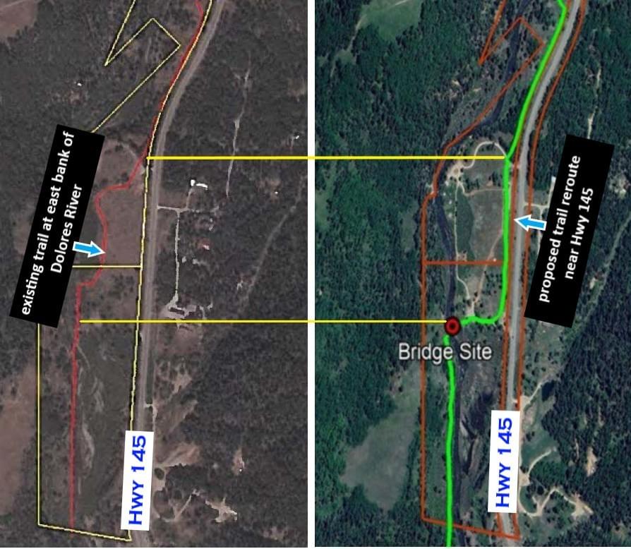 Map of exisitng RGS trail (left) and planned reroute right near Rico CO. Map of exisitng RGS trail (left) and planned reroute right near Rico CO.
