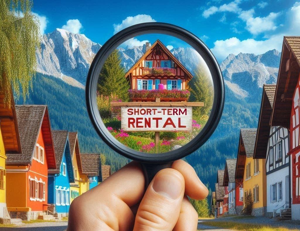 Mountain town and Short Term Rental sign magnifying glass. Mountain town and Short Term Rental sign magnifying glass.