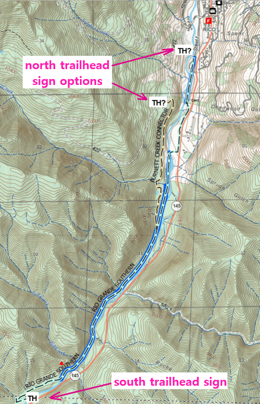 Map of proposed Rio Grande Southern trailhead signs locations near Rico CO. Map of proposed Rio Grande Southern trailhead signs locations near Rico CO.