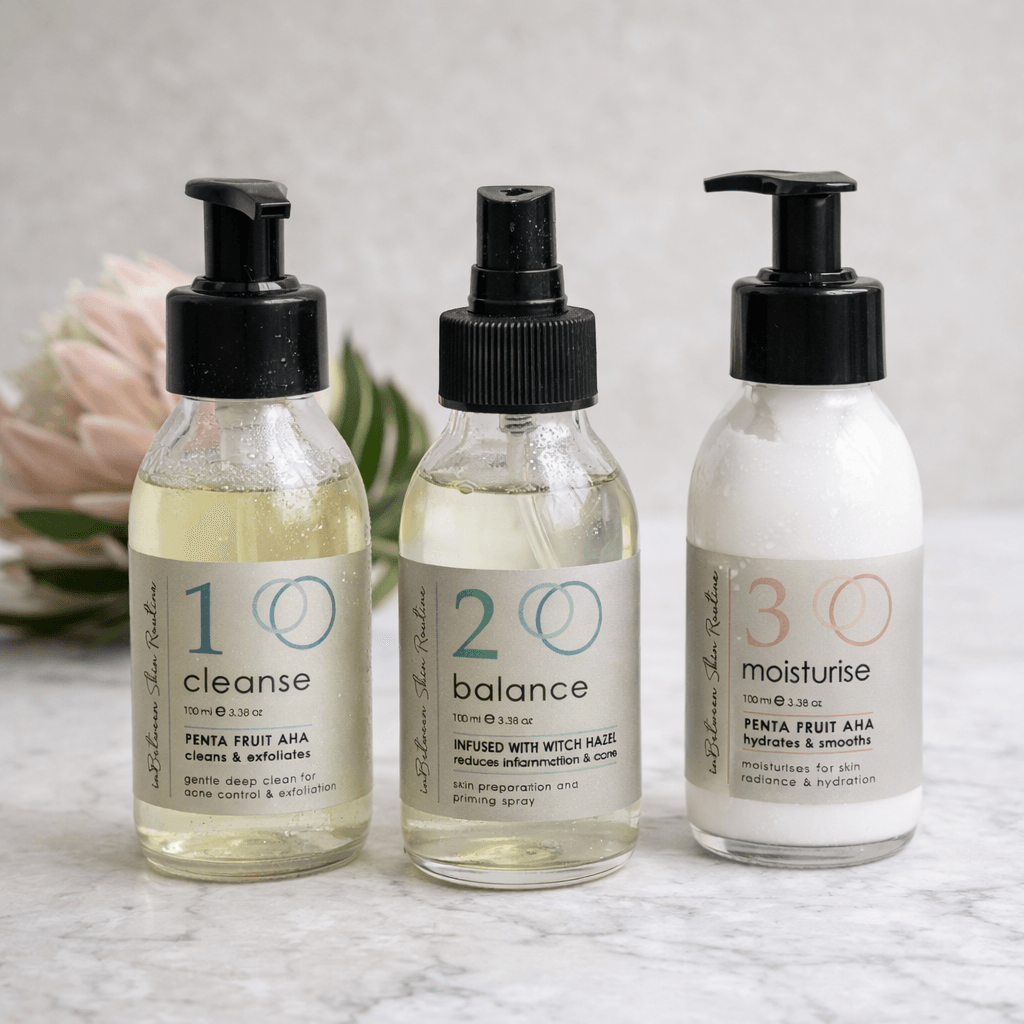 In-Between Products Easy 1-2-3 Clear Skin Routine (Cleanse, Mist & Moisturise) Clear skin made simple. This complete 3-step system from In-Between Products is the ultimate solution for sensitive, acne-prone skin that needs results without the irritation. Sustainably sourced and highly effective, this routine balances oil, clears breakouts, and hydrates for a calm, healthy glow. Step 1: Cleanse (Gentle Botanical Cleanser) – Powered by Penta fruit AHAs and Niacinamide, this non-drying wash unclogs pores and regulates oil while protecting your skin's delicate barrier. Say goodbye to that "tight" feeling! Step 2: Balance (Facial Mist) – A refreshing hybrid of Witch Hazel, Hyaluronic Acid, and Vitamin B3. It tightens pores and calms redness. Use it to prep for moisture or even as a natural makeup-setting spray. Step 3: Moisturise (Daily Moisturiser) – A smooth, fast-absorbing cream that uses botanical extracts to increase cell renewal. It targets pigmentation and uneven texture while locking in essential hydration. In-Between Products Easy 1-2-3 Clear Skin Routine (Cleanse, Mist & Moisturise) Clear skin made simple. This complete 3-step system from In-Between Products is the ultimate solution for sensitive, acne-prone skin that needs results without the irritation. Sustainably sourced and highly effective, this routine balances oil, clears breakouts, and hydrates for a calm, healthy glow. Step 1: Cleanse (Gentle Botanical Cleanser) – Powered by Penta fruit AHAs and Niacinamide, this non-drying wash unclogs pores and regulates oil while protecting your skin's delicate barrier. Say goodbye to that "tight" feeling! Step 2: Balance (Facial Mist) – A refreshing hybrid of Witch Hazel, Hyaluronic Acid, and Vitamin B3. It tightens pores and calms redness. Use it to prep for moisture or even as a natural makeup-setting spray. Step 3: Moisturise (Daily Moisturiser) – A smooth, fast-absorbing cream that uses botanical extracts to increase cell renewal. It targets pigmentation and uneven texture while locking in essential hydration.