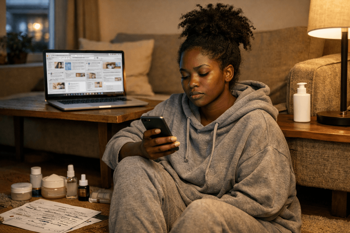a South African woman in her early 30s with warm deep melanin skin (Fitzpatrick Type V), natural 4C hair loosely tied up in a pineapple, sitting on the floor of her Johannesburg apartment living room, back leaning against the couch. Her laptop is open on the coffee table behind her displaying a cluttered browser with multiple skincare tabs open. Her phone is in her hand, mid-scroll, expression caught between exhaustion and quiet frustration — not dramatic, just genuinely tired of conflicting information. a South African woman in her early 30s with warm deep melanin skin (Fitzpatrick Type V), natural 4C hair loosely tied up in a pineapple, sitting on the floor of her Johannesburg apartment living room, back leaning against the couch. Her laptop is open on the coffee table behind her displaying a cluttered browser with multiple skincare tabs open. Her phone is in her hand, mid-scroll, expression caught between exhaustion and quiet frustration — not dramatic, just genuinely tired of conflicting information.