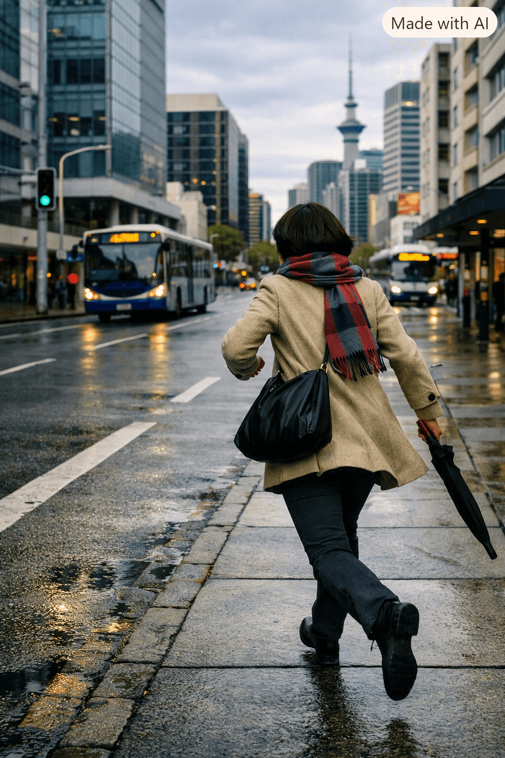 A woman in a beige coat and plaid scarf runs straight along the wet Customs Street footpath toward tall Auckland buildings and the Sky Tower. Her arms pump as she moves forward, coat and scarf trailing behind her, capturing the urgency and determination of a fast city run A woman in a beige coat and plaid scarf runs straight along the wet Customs Street footpath toward tall Auckland buildings and the Sky Tower. Her arms pump as she moves forward, coat and scarf trailing behind her, capturing the urgency and determination of a fast city run