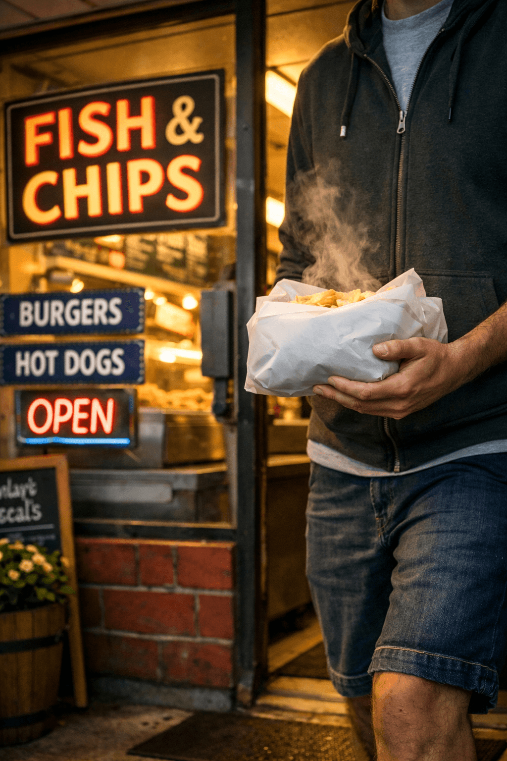 A person wearing a dark green hoodie and denim shorts walks out of a New Zealand fish‑and‑chip shop at dusk, holding a steaming paper parcel of fish and chips. The shop glows warmly inside with neon signs reading “FISH & CHIPS,” “BURGERS,” and “HOT DOGS.” Steam rises from the parcel as the person steps onto the footpath, framed by the open glass door and the soft evening light. A person wearing a dark green hoodie and denim shorts walks out of a New Zealand fish‑and‑chip shop at dusk, holding a steaming paper parcel of fish and chips. The shop glows warmly inside with neon signs reading “FISH & CHIPS,” “BURGERS,” and “HOT DOGS.” Steam rises from the parcel as the person steps onto the footpath, framed by the open glass door and the soft evening light.