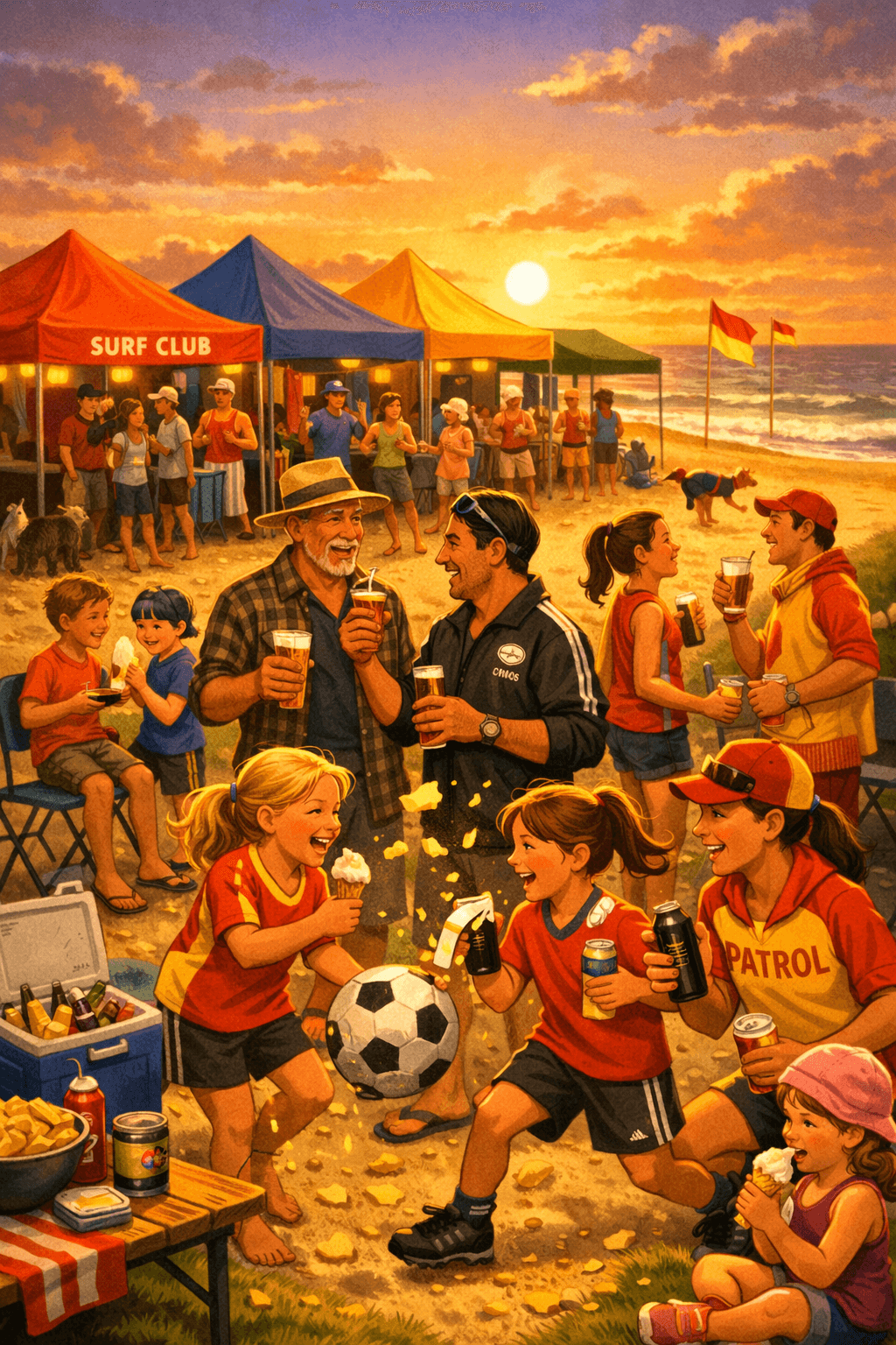 A warm, cartoon‑style sunset scene shows a row of colourful surf‑club tents lined up along the beach as families, kids, lifeguards, and volunteers mingle after a day of surf‑club events. The golden sun glows low over the ocean, lighting the sand and waves. Children in rash vests eat ice creams, teens chat with surfboards, and adults in casual beachwear hold drinks while talking. Two lifeguards in yellow‑and‑red PATROL shirts laugh together, and a BBQ table nearby is loaded with sausages, chips, condiments, and an open chilly bin. Towels, surfboards, and club banners hang from the tents, and a dog sniffs around the food table. The whole scene feels relaxed, social, and distinctly Kiwi in the soft evening light. A warm, cartoon‑style sunset scene shows a row of colourful surf‑club tents lined up along the beach as families, kids, lifeguards, and volunteers mingle after a day of surf‑club events. The golden sun glows low over the ocean, lighting the sand and waves. Children in rash vests eat ice creams, teens chat with surfboards, and adults in casual beachwear hold drinks while talking. Two lifeguards in yellow‑and‑red PATROL shirts laugh together, and a BBQ table nearby is loaded with sausages, chips, condiments, and an open chilly bin. Towels, surfboards, and club banners hang from the tents, and a dog sniffs around the food table. The whole scene feels relaxed, social, and distinctly Kiwi in the soft evening light.