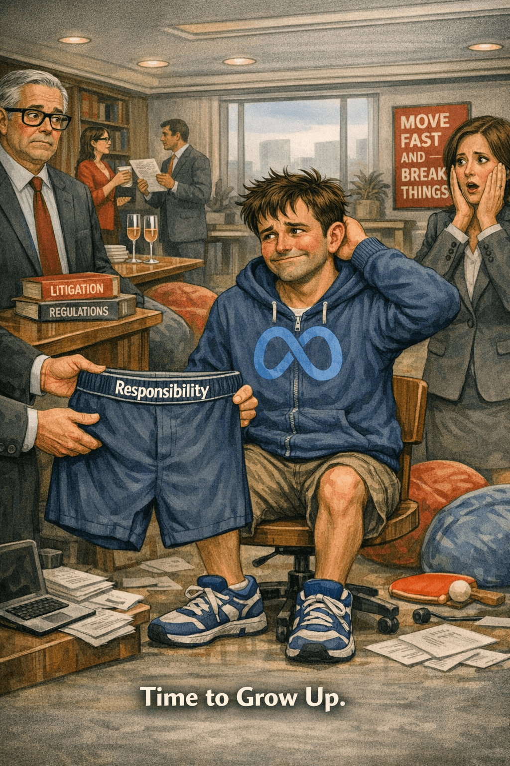A sheepish Meta employee in a blue hoodie sits awkwardly as two regulators hand him a pair of pants labeled “Responsibility.” Behind him, a poster reads “Move Fast and Break Things.” Caption reads “Time to Grow Up.” A sheepish Meta employee in a blue hoodie sits awkwardly as two regulators hand him a pair of pants labeled “Responsibility.” Behind him, a poster reads “Move Fast and Break Things.” Caption reads “Time to Grow Up.”