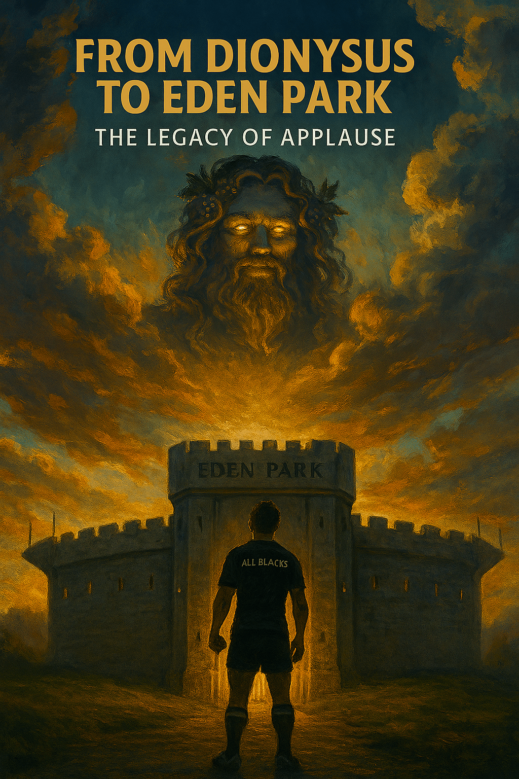 Illustration of Eden Park depicted as a stone fortress under a dramatic twilight sky. A silhouetted All Black rugby player stands at the gate, facing the fortress with hands on hips. Above the stadium, the mythic figure of Dionysus appears in the clouds—crowned with ivy and grapes, glowing eyes, and a theatrical smile. The scene blends sports legacy and ancient mythology, symbolizing Eden Park’s nickname as a fortress and the evolution from crowd booing to respectful sportsmanship. Text reads “From Dionysus to Eden Park: The Legacy of Applause. Illustration of Eden Park depicted as a stone fortress under a dramatic twilight sky. A silhouetted All Black rugby player stands at the gate, facing the fortress with hands on hips. Above the stadium, the mythic figure of Dionysus appears in the clouds—crowned with ivy and grapes, glowing eyes, and a theatrical smile. The scene blends sports legacy and ancient mythology, symbolizing Eden Park’s nickname as a fortress and the evolution from crowd booing to respectful sportsmanship. Text reads “From Dionysus to Eden Park: The Legacy of Applause.
