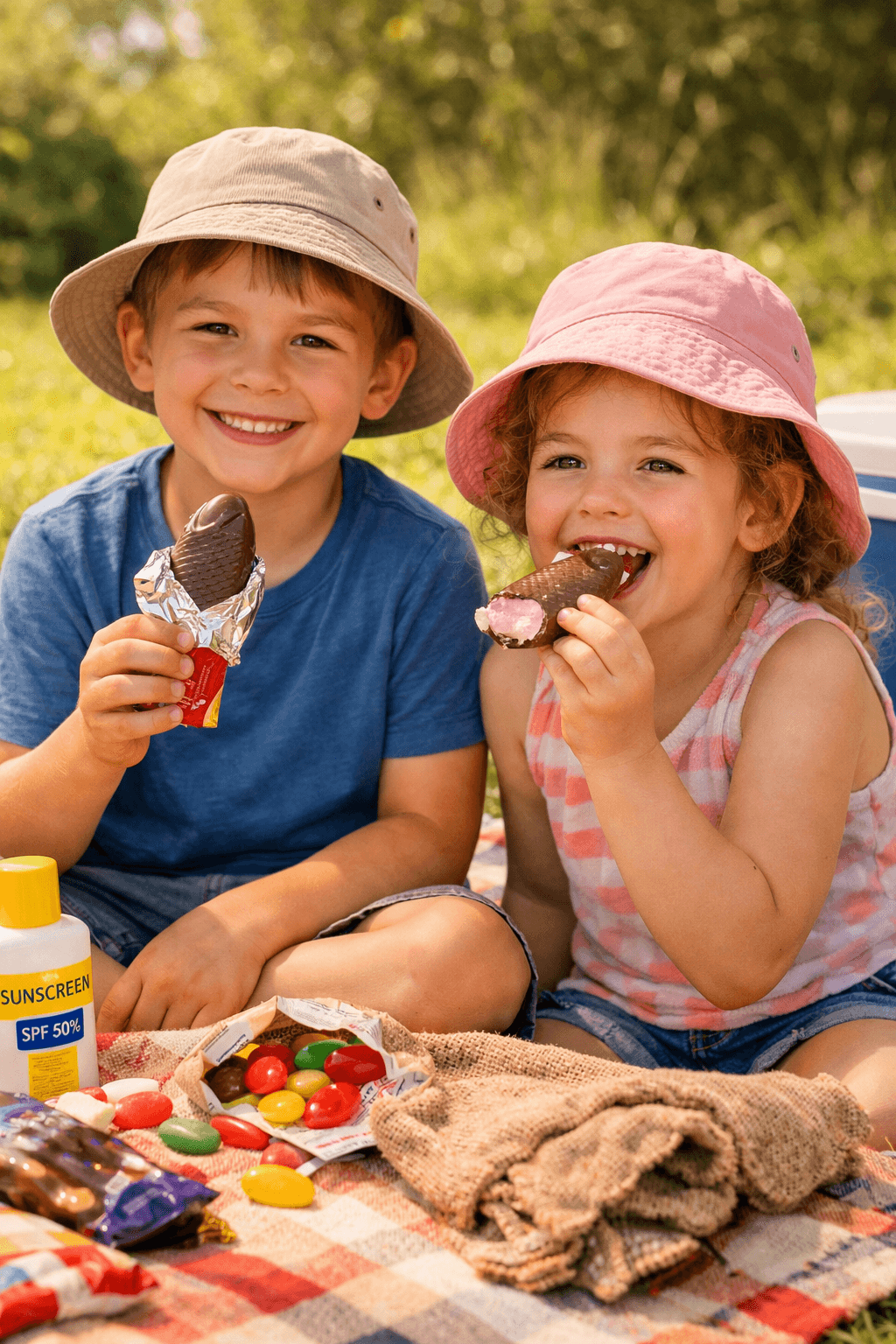Two children wearing sun hats sit on a red‑and‑white picnic rug in a sunny park. One child holds a whole chocolate fish still wrapped in foil, smiling proudly, while the other bites into a chocolate fish, showing the pink marshmallow inside. Around them on the rug are sunscreen, a blue‑and‑white chilly bin, and scattered sweets. The scene is bright, warm, and full of classic Kiwi picnic energy. Two children wearing sun hats sit on a red‑and‑white picnic rug in a sunny park. One child holds a whole chocolate fish still wrapped in foil, smiling proudly, while the other bites into a chocolate fish, showing the pink marshmallow inside. Around them on the rug are sunscreen, a blue‑and‑white chilly bin, and scattered sweets. The scene is bright, warm, and full of classic Kiwi picnic energy.