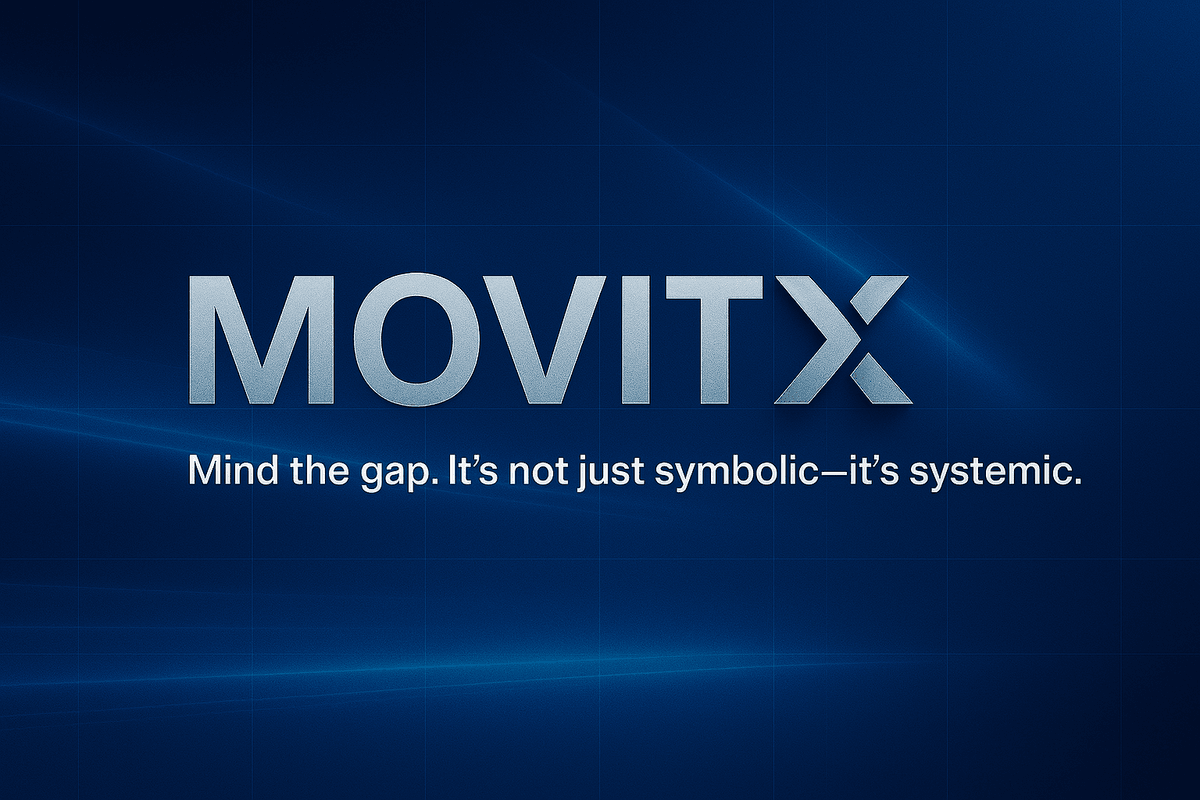 Dark blue graphic featuring the word ‘MOVITX’ in large metallic letters. Beneath it, smaller text reads: ‘Mind the gap. It’s not just symbolic—it’s systemic.’ The background includes subtle light streaks and a grid pattern, evoking infrastructure and diagnostic precision. High contrast and clear typography support legibility and screen reader access. Dark blue graphic featuring the word ‘MOVITX’ in large metallic letters. Beneath it, smaller text reads: ‘Mind the gap. It’s not just symbolic—it’s systemic.’ The background includes subtle light streaks and a grid pattern, evoking infrastructure and diagnostic precision. High contrast and clear typography support legibility and screen reader access.