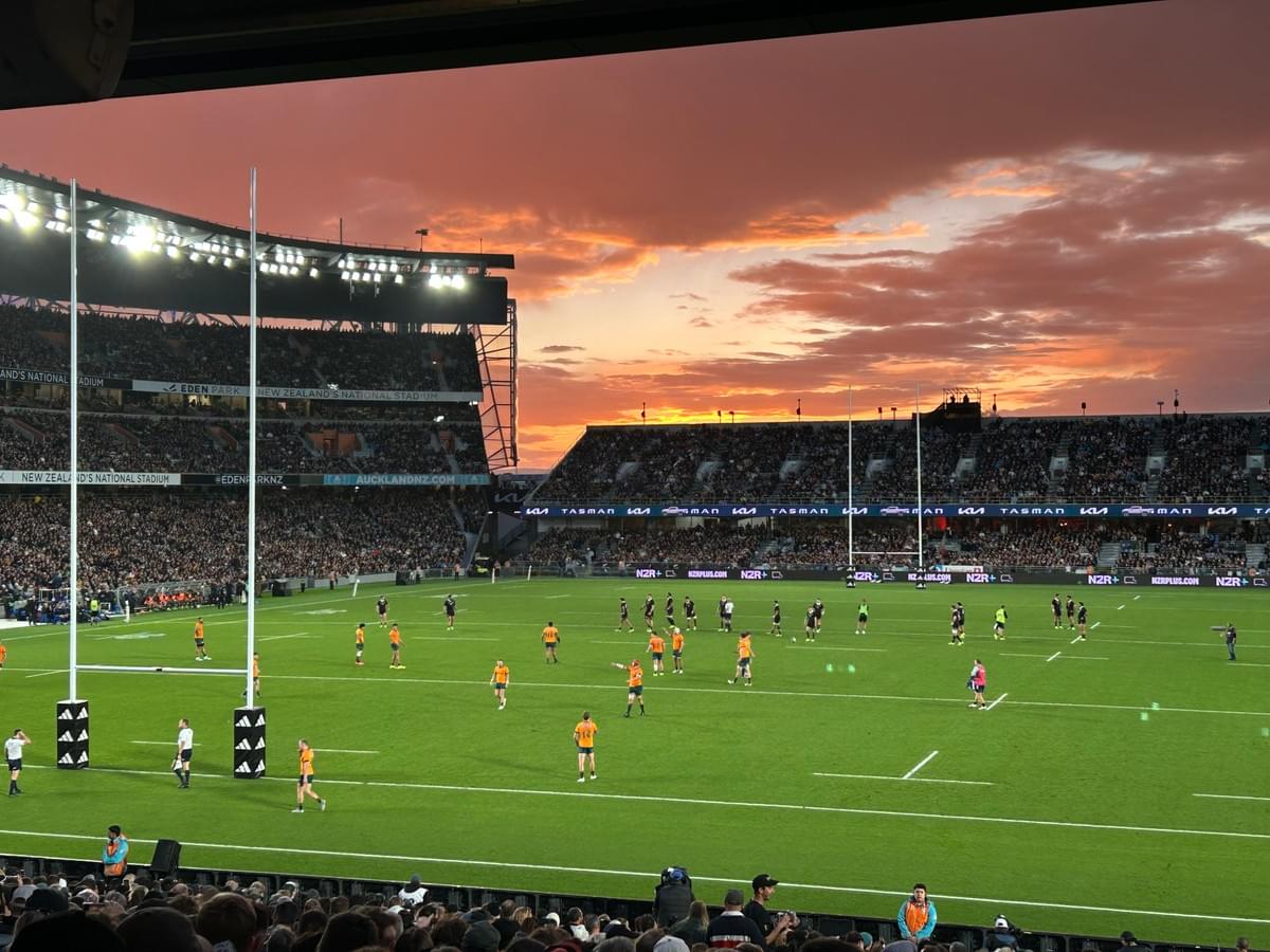 Picture of Eden Park at Sunset with All Blacks and Wallabies on the field Picture of Eden Park at Sunset with All Blacks and Wallabies on the field