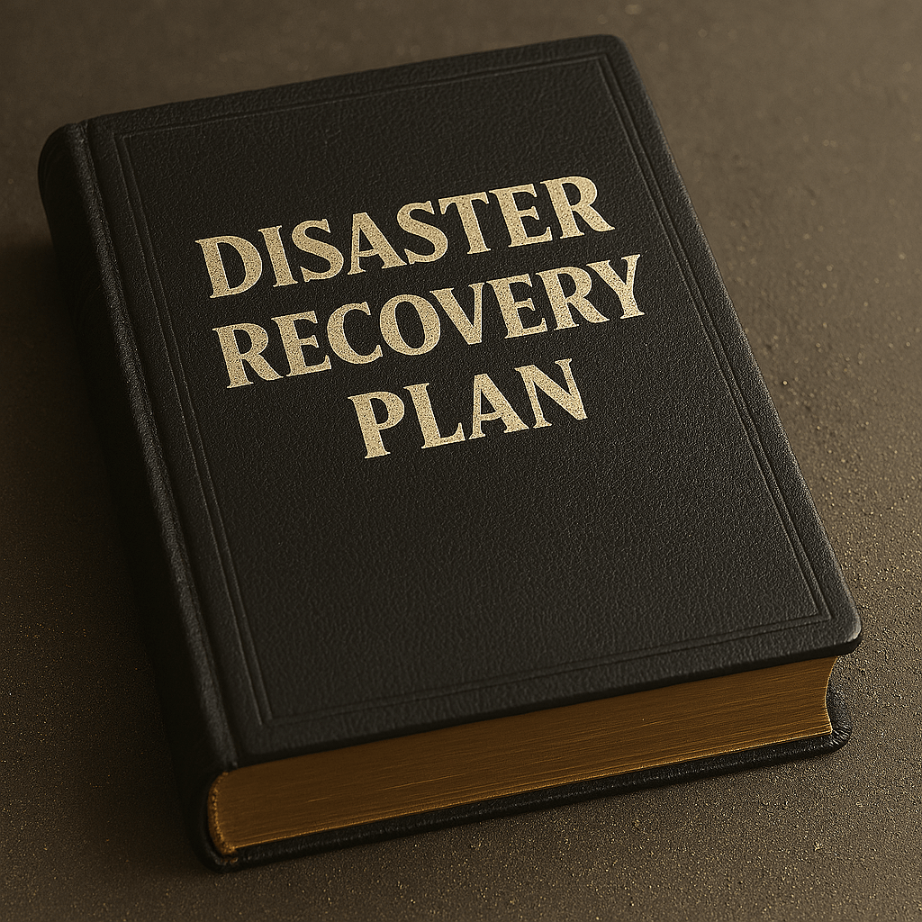 A leatherbound book with the title Disaster Recovery Plan sits on a dusty table A leatherbound book with the title Disaster Recovery Plan sits on a dusty table