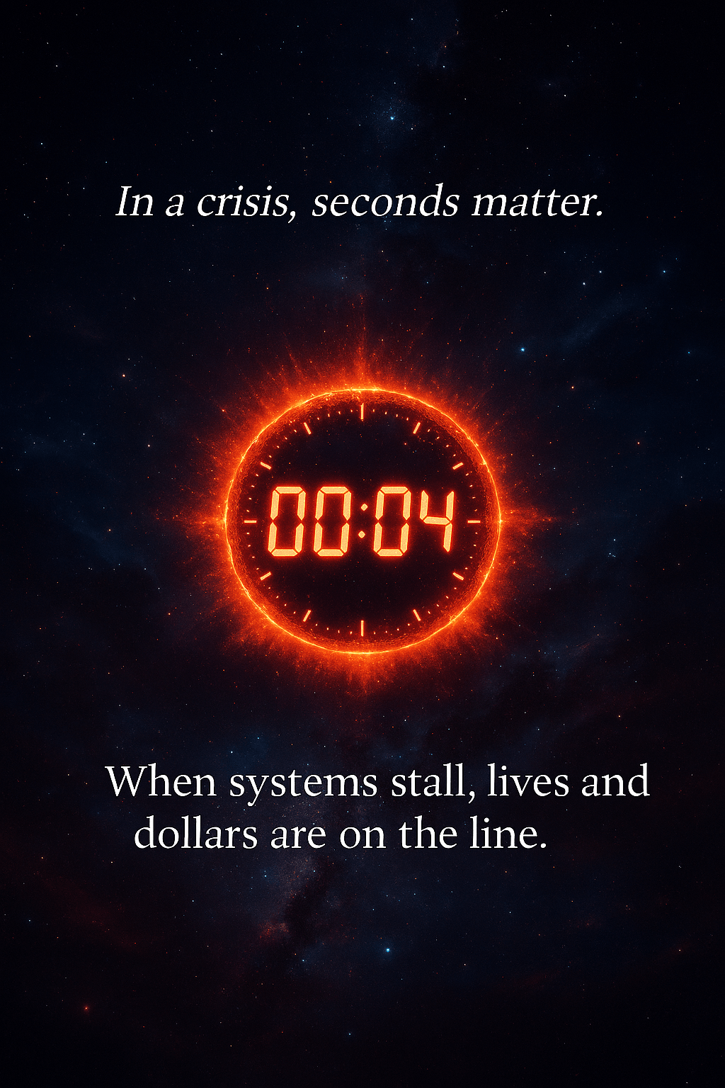 A glowing countdown clock floats in space, its digits ticking down toward zero. text overlay when systems stall lives and dollars are on the line. A glowing countdown clock floats in space, its digits ticking down toward zero. text overlay when systems stall lives and dollars are on the line.