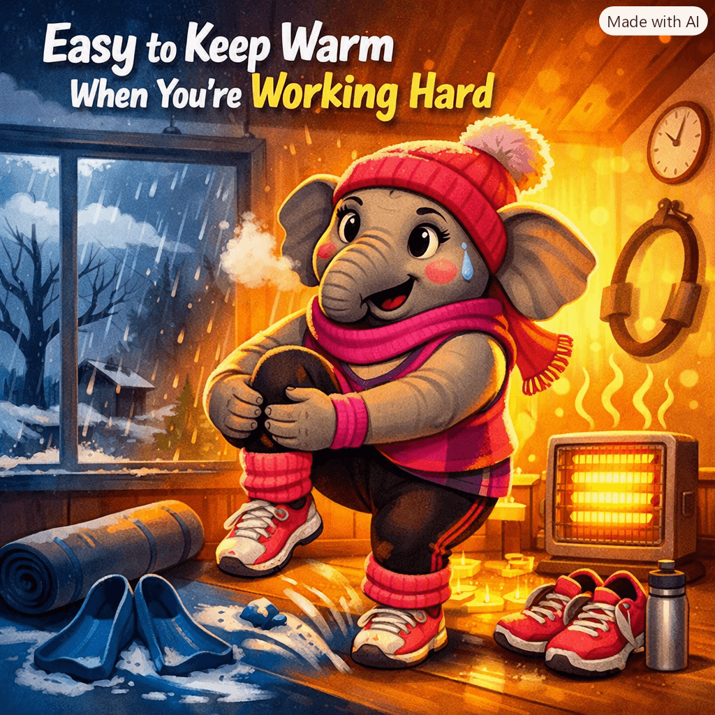 A cartoon-style illustration of a female elephant warming up indoors while rain lashes outside. She wears a pink and purple workout outfit with a pink woollen hat smiling as she lifts one knee in a stretch beside a glowing orange heater. Outside the window, cold blue rain and snow fall against a dark sky. Inside, the studio glows with warm golden light, gym shoes on the floor — capturing the cozy contrast of winter survival mode through movement. A cartoon-style illustration of a female elephant warming up indoors while rain lashes outside. She wears a pink and purple workout outfit with a pink woollen hat smiling as she lifts one knee in a stretch beside a glowing orange heater. Outside the window, cold blue rain and snow fall against a dark sky. Inside, the studio glows with warm golden light, gym shoes on the floor — capturing the cozy contrast of winter survival mode through movement.