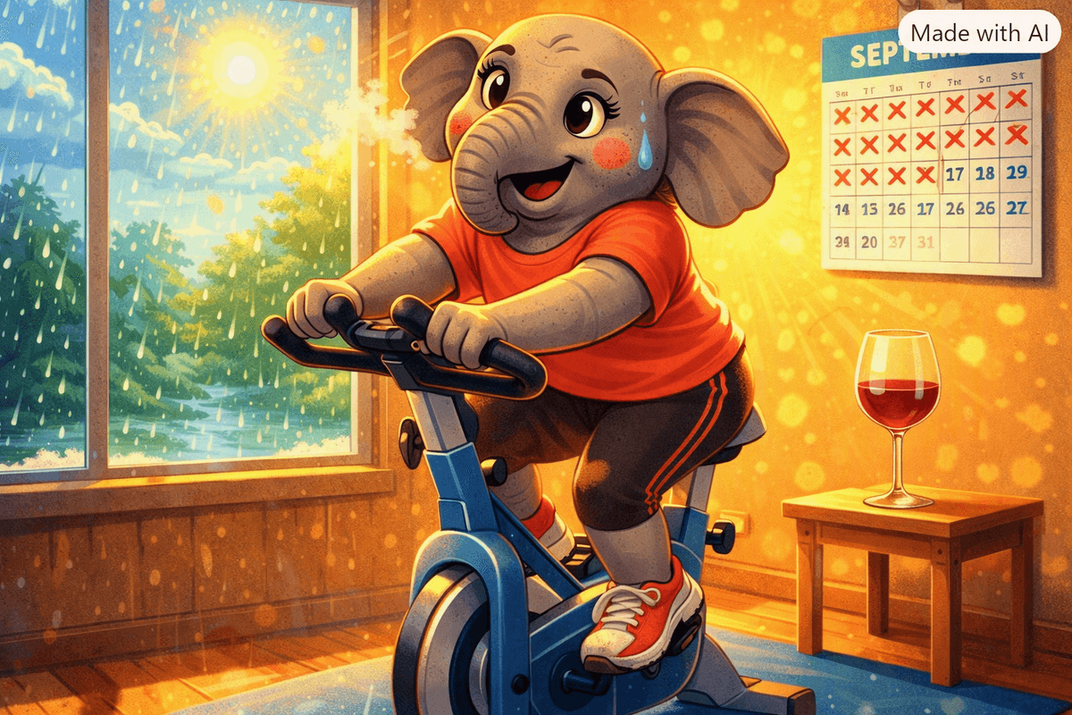 A cheerful cartoon elephant pedals a blue stationary bike indoors, wearing a coral-orange T-shirt and red sneakers. A September calendar on the wall shows crossed-off days up to the 23rd. A glass of red wine sits on a small wooden table beside the bike. Through the window, sunlight shines while rain falls, creating a warm, playful contrast between the cozy room and the bright, rainy outdoors. A cheerful cartoon elephant pedals a blue stationary bike indoors, wearing a coral-orange T-shirt and red sneakers. A September calendar on the wall shows crossed-off days up to the 23rd. A glass of red wine sits on a small wooden table beside the bike. Through the window, sunlight shines while rain falls, creating a warm, playful contrast between the cozy room and the bright, rainy outdoors.