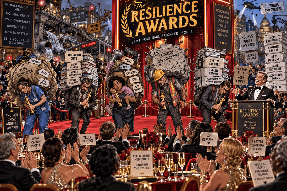 A glamorous red-carpet awards night called "The Resilience Awards". Exhausted people receive trophies after carrying enormous burdens while obvious infrastructure failures, paperwork piles, flashing warning lights, housing stress, and system breakdowns continue around them. The audience applauds enthusiastically while nobody fixes the underlying problems. Satirical political cartoon meets magazine illustration, professional, witty, thought-provoking, highly detailed, no empty space. A glamorous red-carpet awards night called "The Resilience Awards". Exhausted people receive trophies after carrying enormous burdens while obvious infrastructure failures, paperwork piles, flashing warning lights, housing stress, and system breakdowns continue around them. The audience applauds enthusiastically while nobody fixes the underlying problems. Satirical political cartoon meets magazine illustration, professional, witty, thought-provoking, highly detailed, no empty space.